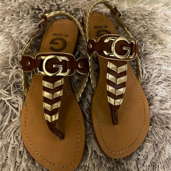 Guess gold brown braided thong sandals sz 6 - Picture 1 of 1
